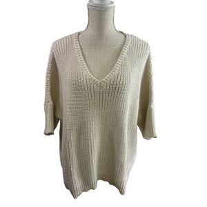 Honest Cotton V-Neck Beige Oversized Chunky Knit Pullover Sweater OS Coastal